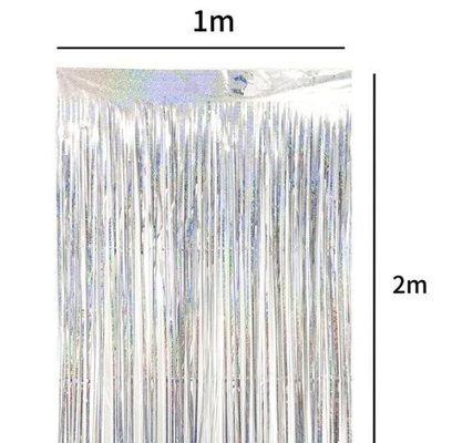 Cortina de porta de seda de chuva prateada laser decorativa 1x2m festa de aniversário de casamento com fita adesiva de dois lados
