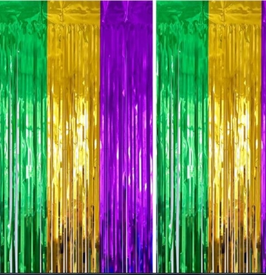 Parede de fundo de festa, festa de aniversário roxo, dourado e verde cortina de chuva de costura de três cores