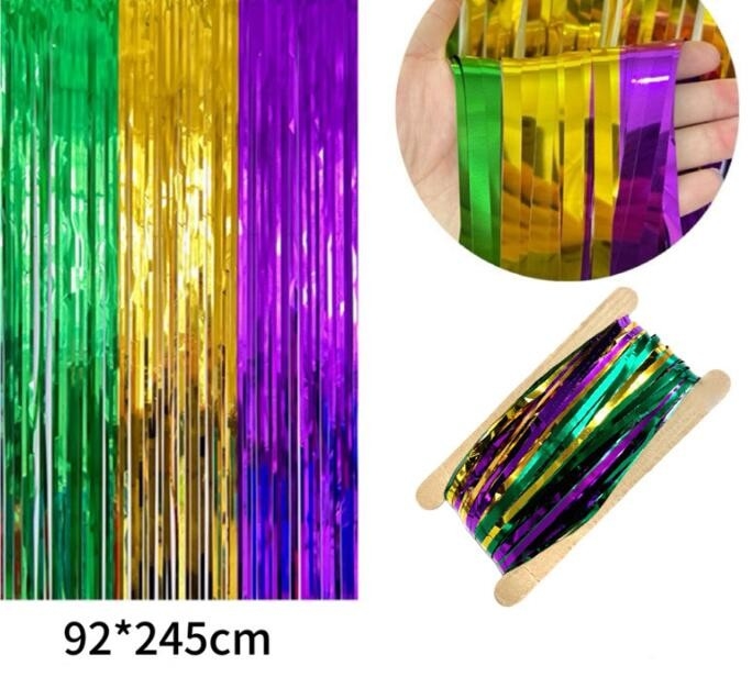 Parede de fundo de festa, festa de aniversário roxo, dourado e verde cortina de chuva de costura de três cores